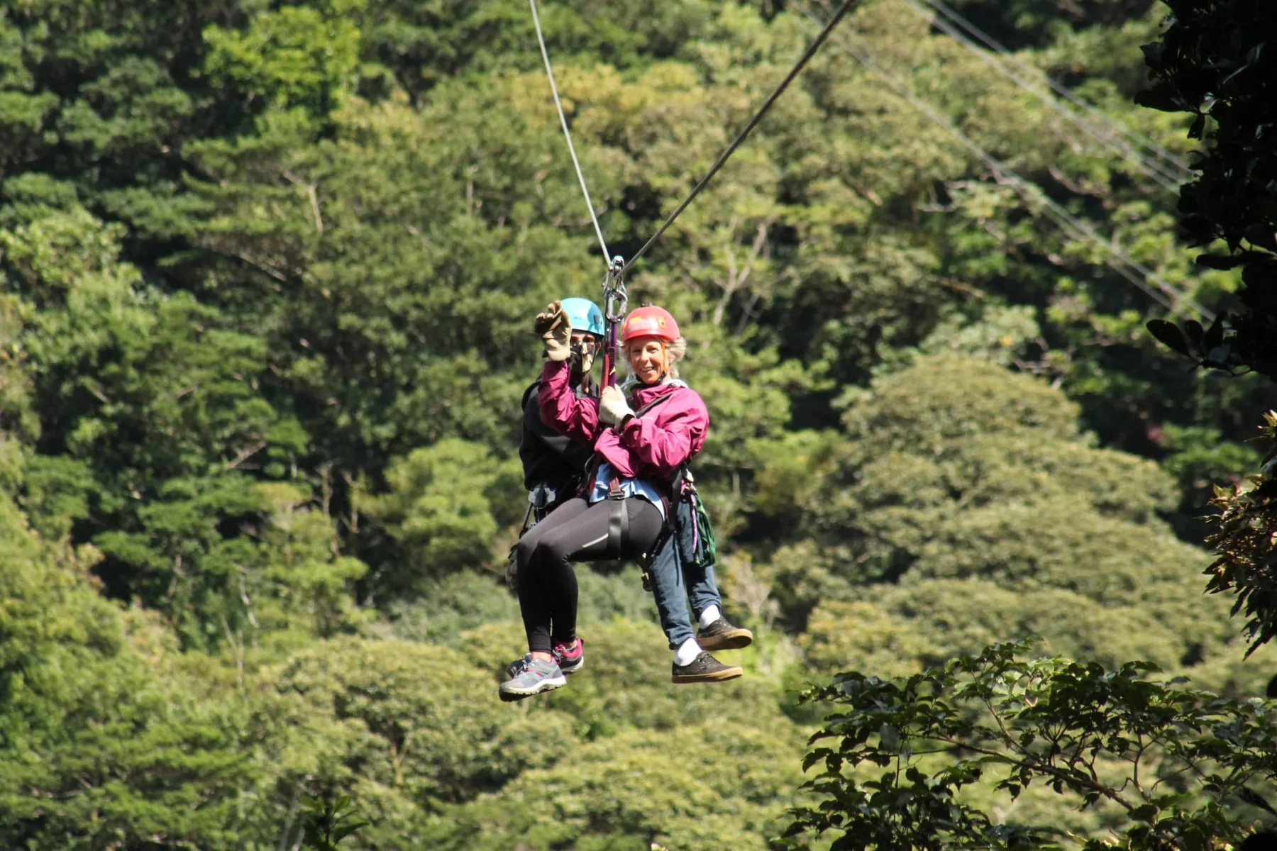Gloria se desliza en tirolina sobre un bosque verde