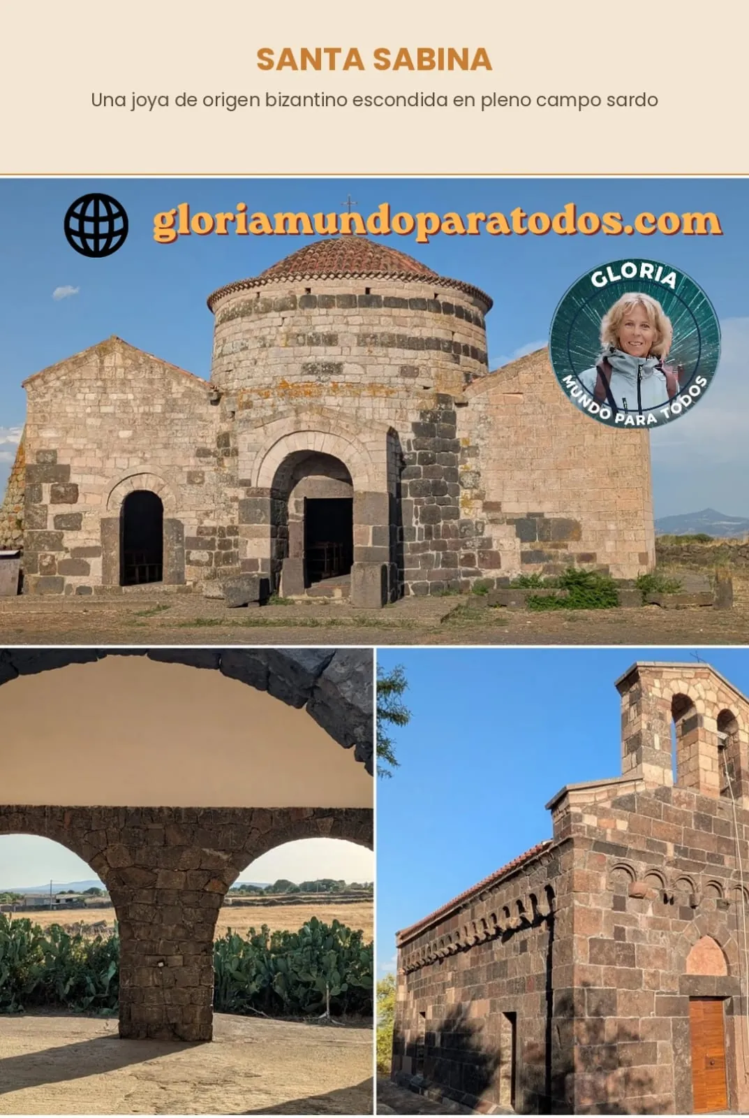 Un collage muestra la iglesia de piedra de Santa Sabina y distintos detalles de su conjunto histórico en el campo sardo.