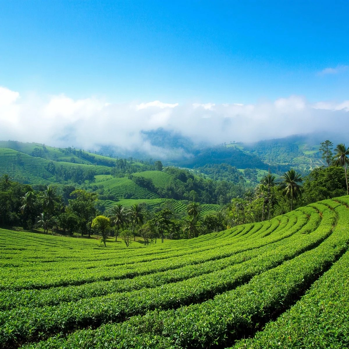 Las plantaciones de té dibujan curvas verdes bajo la niebla de las tierras altas de Sri Lanka.